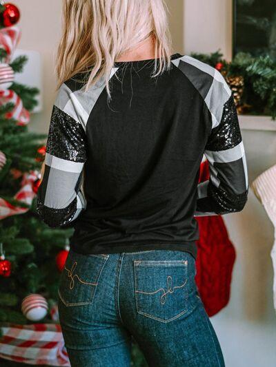 Plaid Sequin Long Sleeve Round Neck Sweatshirt