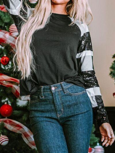 Plaid Sequin Long Sleeve Round Neck Sweatshirt