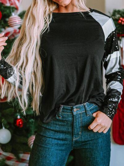 Plaid Sequin Long Sleeve Round Neck Sweatshirt