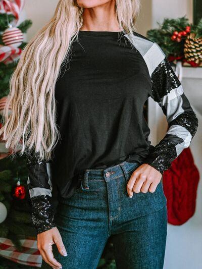 Plaid Sequin Long Sleeve Round Neck Sweatshirt