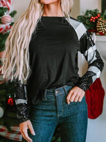 Plaid Sequin Long Sleeve Round Neck Sweatshirt