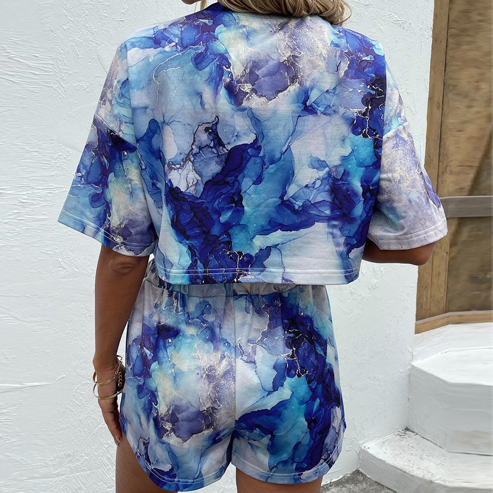 Printed Round Neck Dropped Shoulder Half Sleeve Top and Shorts Set