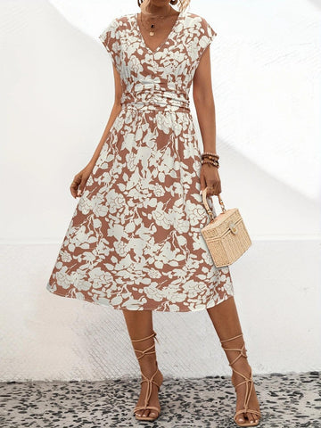 Printed V-Neck Cap Sleeve Midi Dress