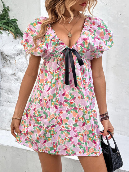 Printed V-Neck Puff Sleeve Mini Dress