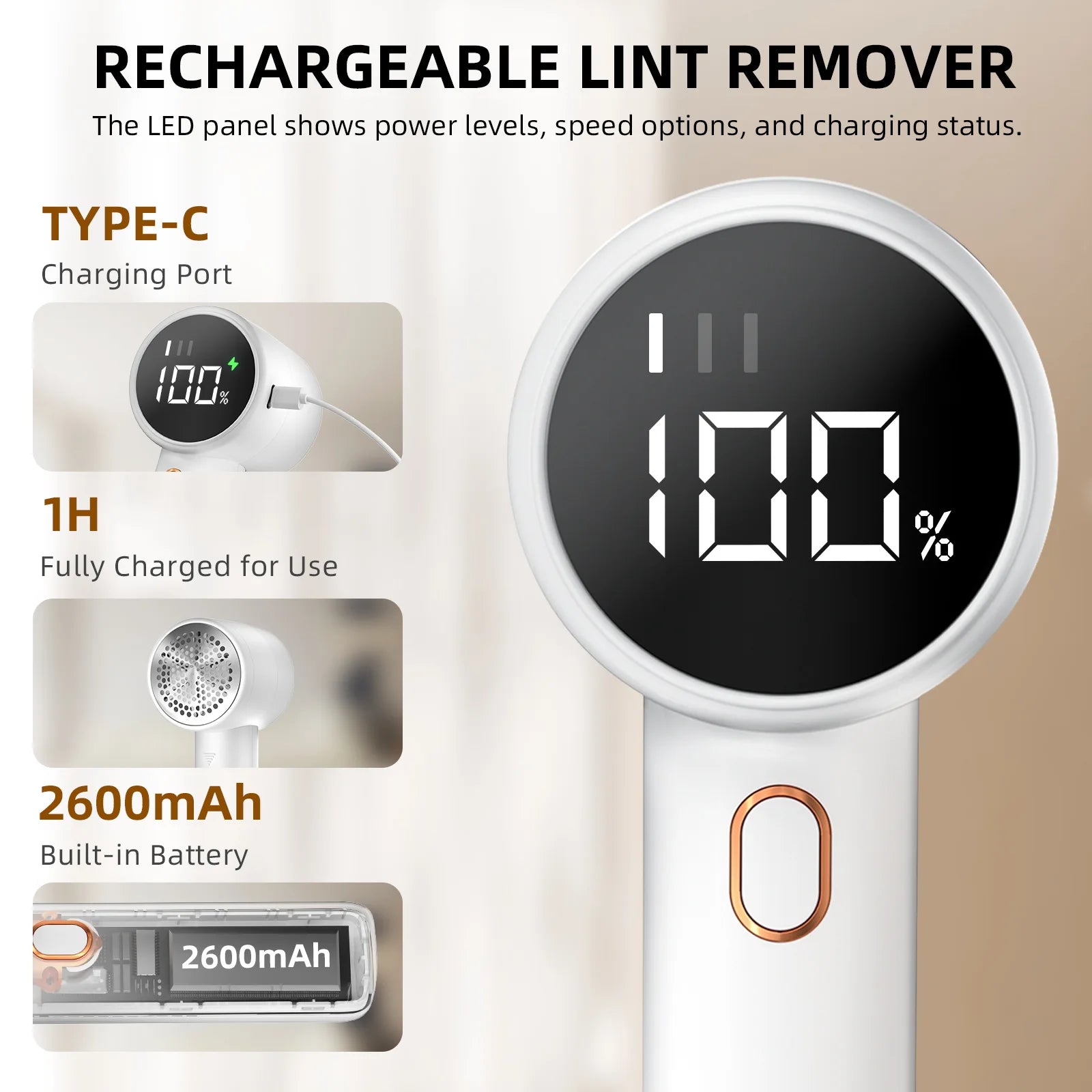 Rechargeable lint remover with digital display and charging port on a beige background
