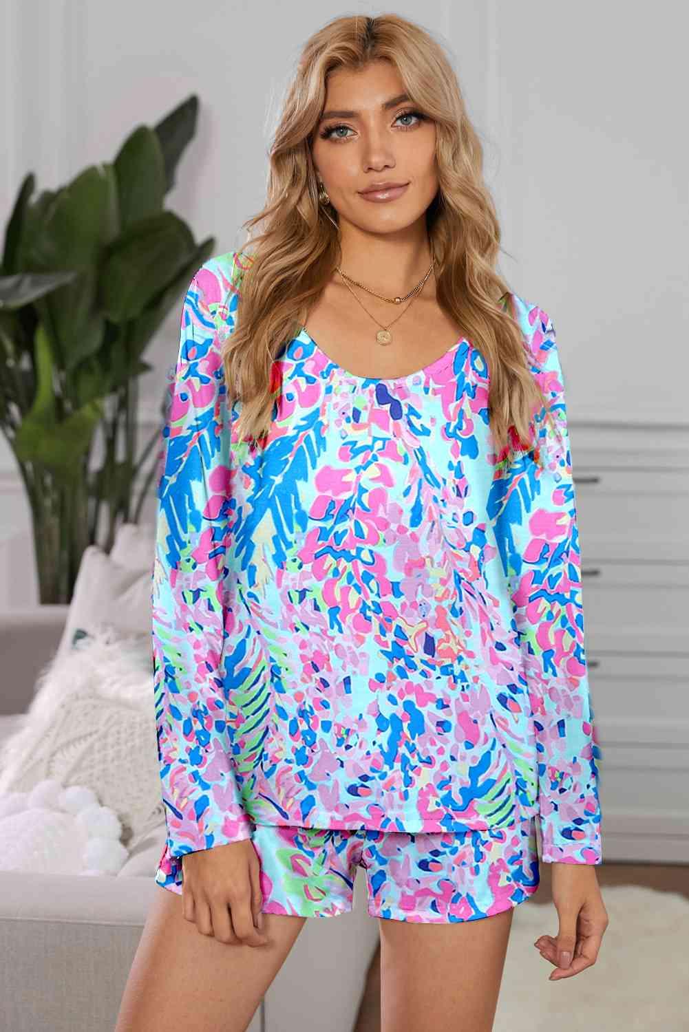 Round Neck Printed Top and Shorts Lounge Set