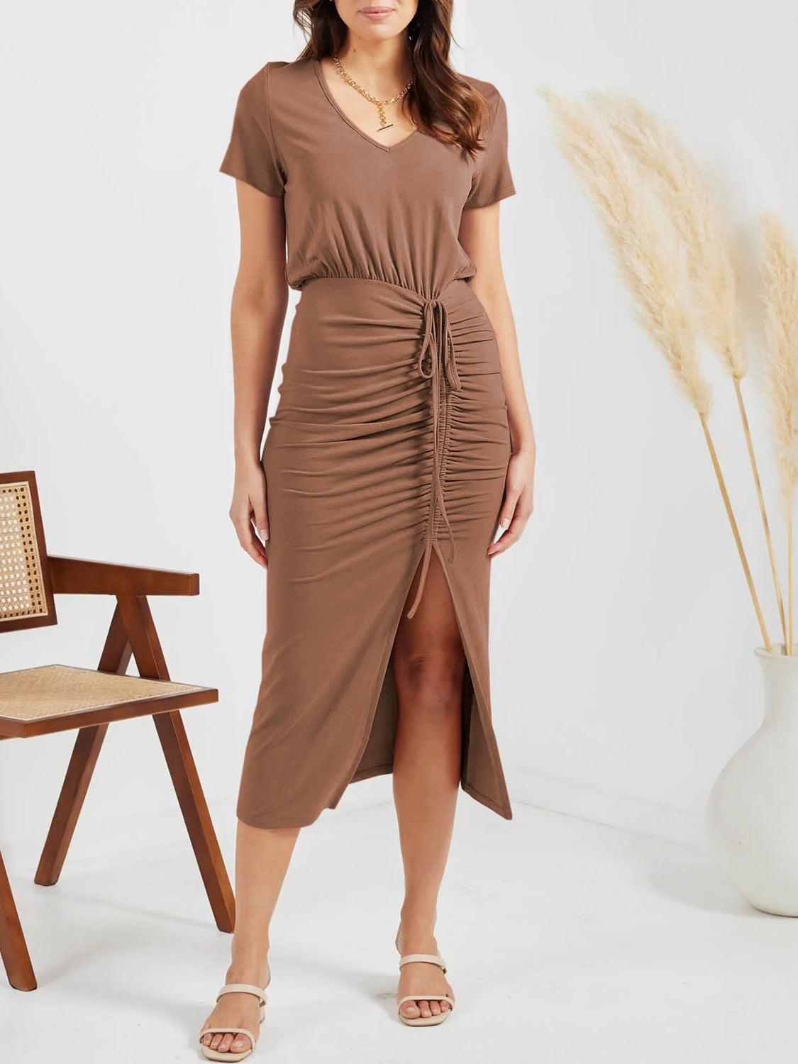 Ruched Slit V-Neck Short Sleeve Dress