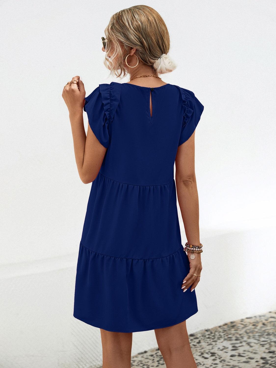 Ruffled Round Neck Cap Sleeve Mini Dress