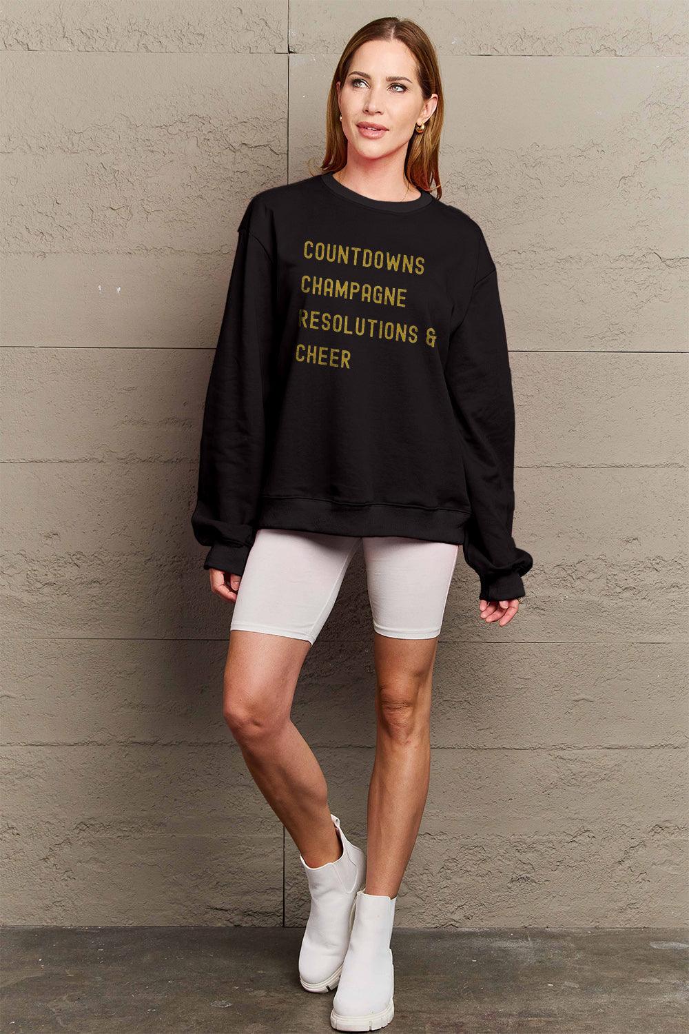 Simply Love Full Size COUNTDOWNS CHAMPAGNE RESOLUTIONS & CHEER Round Neck Sweatshirt