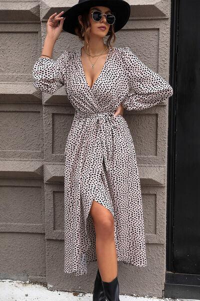 Slit Printed Surplice Balloon Sleeve Dress