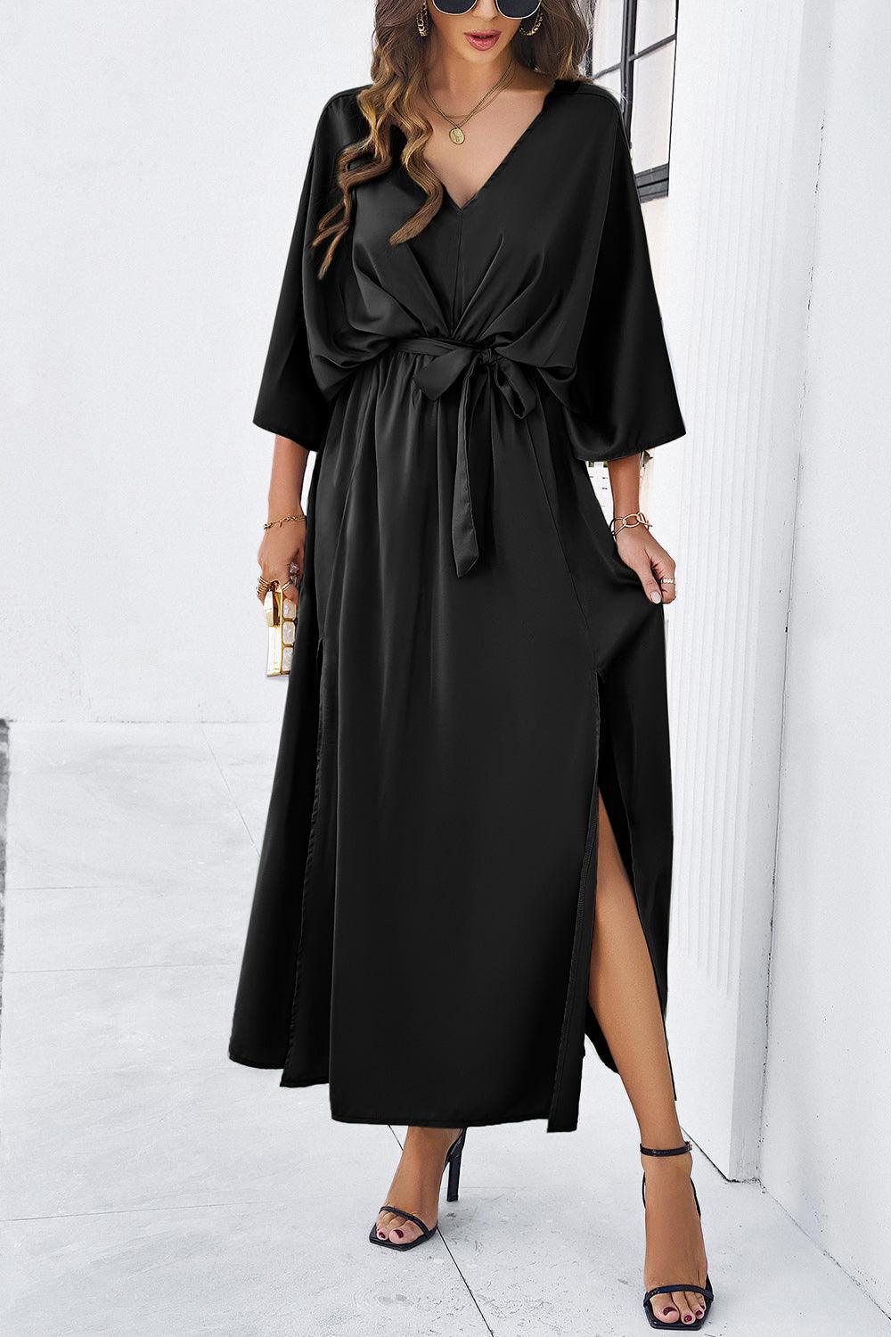 Slit Tied V-Neck Three-Quarter Sleeve Dress