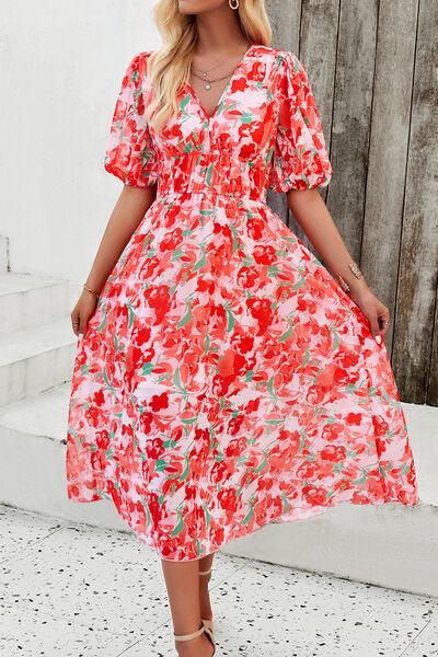 Smocked Printed V-Neck Short Sleeve Dress