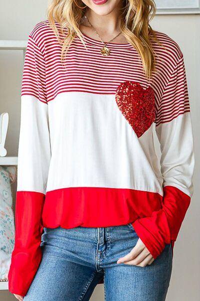 Striped Heart Sequin Long Sleeve T-Shirt