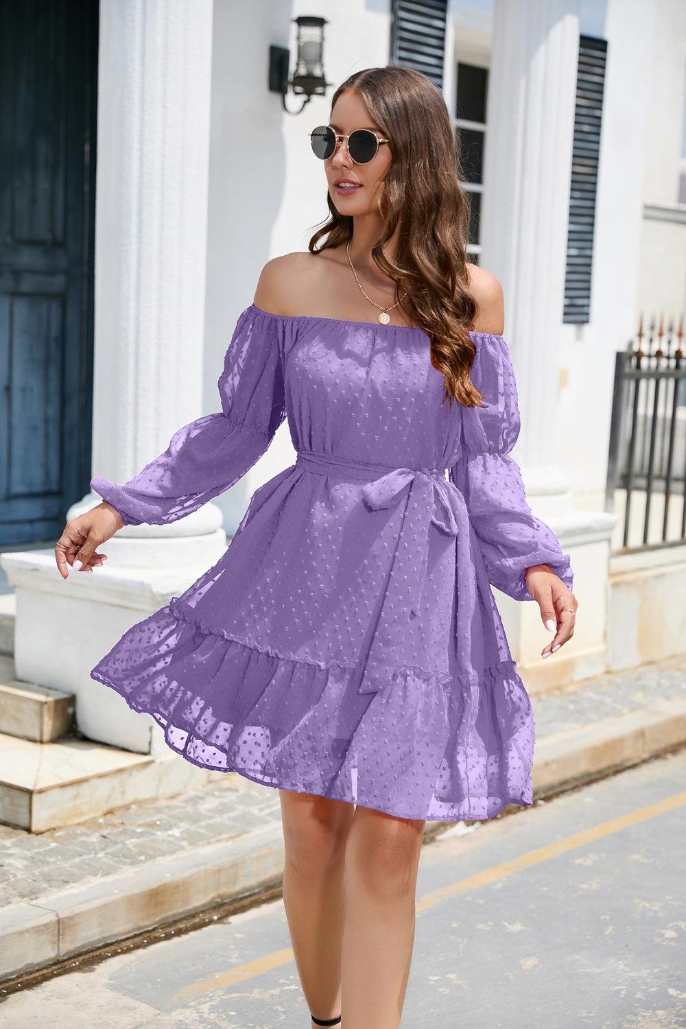 Swiss Dot Off-Shoulder Balloon Sleeve Dress