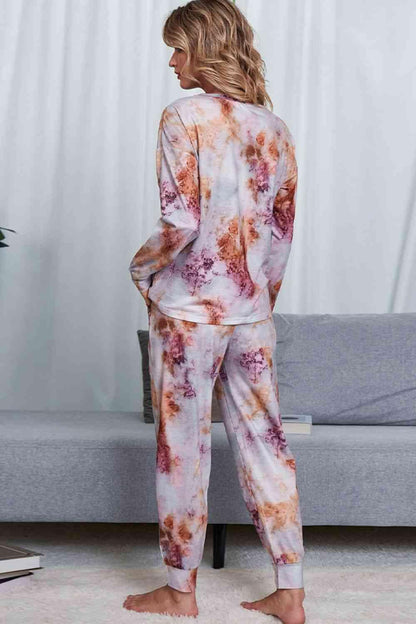 Tie-Dye Crewneck Top and Drawstring Waist Joggers Lounge Set