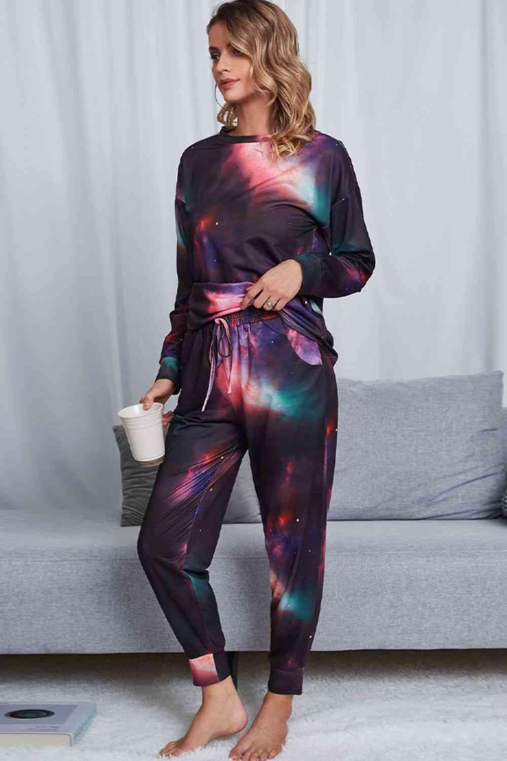 Tie-Dye Crewneck Top and Drawstring Waist Joggers Lounge Set