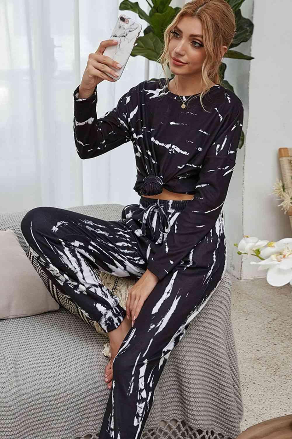 Tie-Dye Round Neck Top and Drawstring Waist Joggers Lounge Set