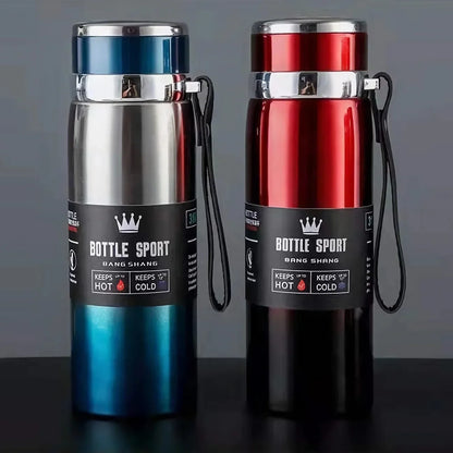 Two insulated bottles, one blue and one red, with 'Bottle Sport' branding on a dark surface.