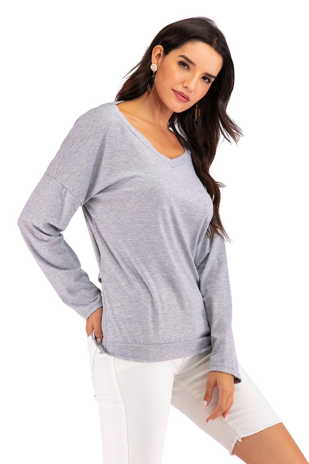 V-Neck Drop Shoulder Open Back Sweatshirt