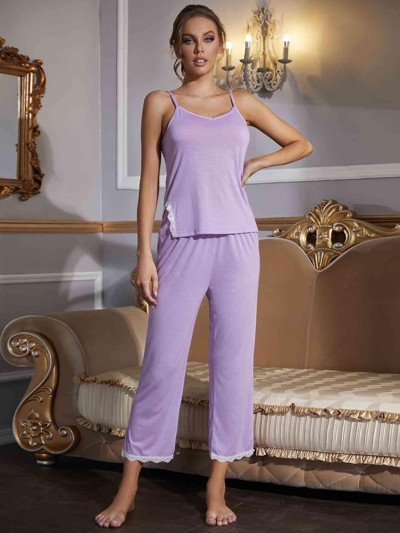 V-Neck Lace Trim Slit Cami and Pants Pajama Set