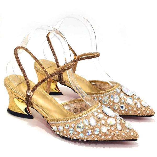 Venus Chan 2023 Fashion Rhinestone Heels Pointed-Toe Gold Colored Lace Tassel Design Elegant Luxury Shoes and Bag for Lady Party