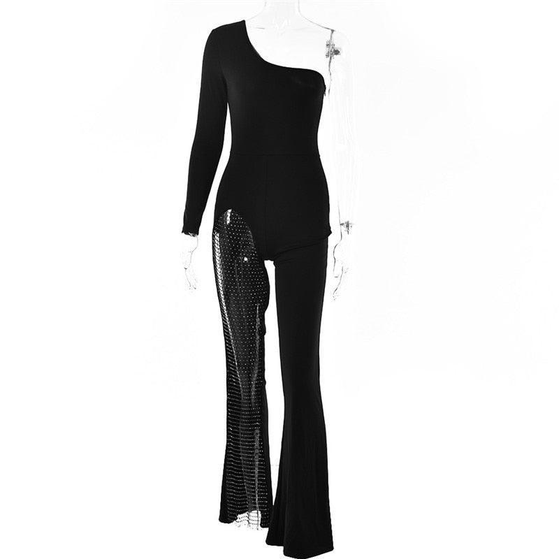 Vip Jumpsuits Rhinestones Bodycon Flared Slim Fit High Waist One-piece Outfits