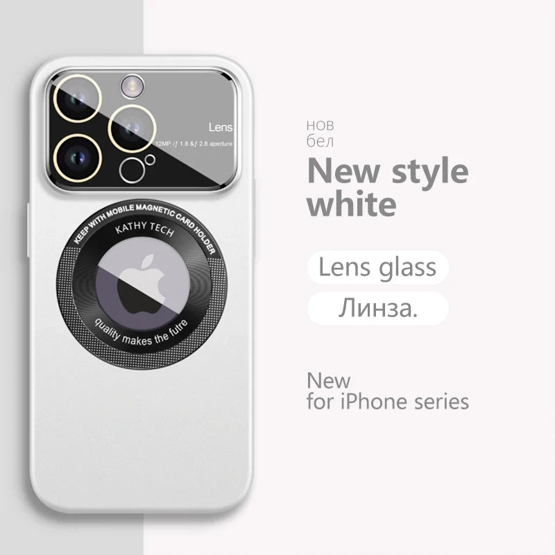 White phone case with lens glass design on a light gray background