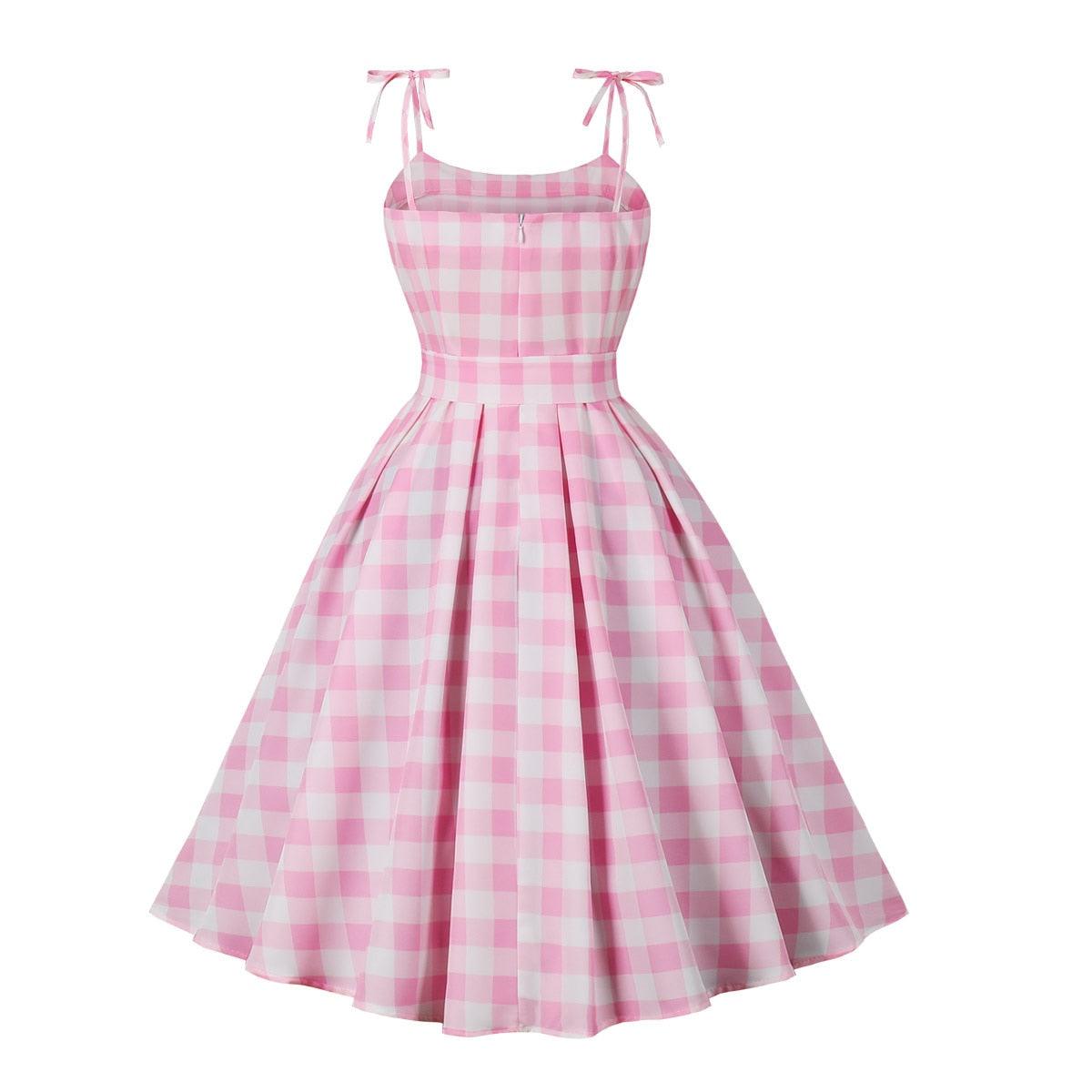 Women Vintage Barbiee Pink Plaid Dress