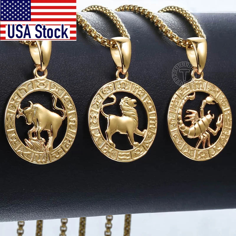 Three gold zodiac pendant necklaces on a dark surface with 'USA Stock' label.