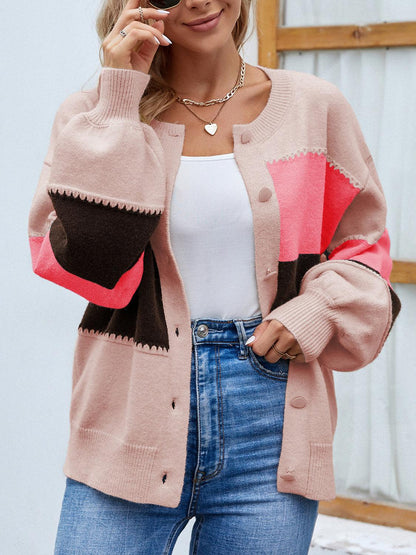 Color Block Button Up Lantern Sleeve Cardigan