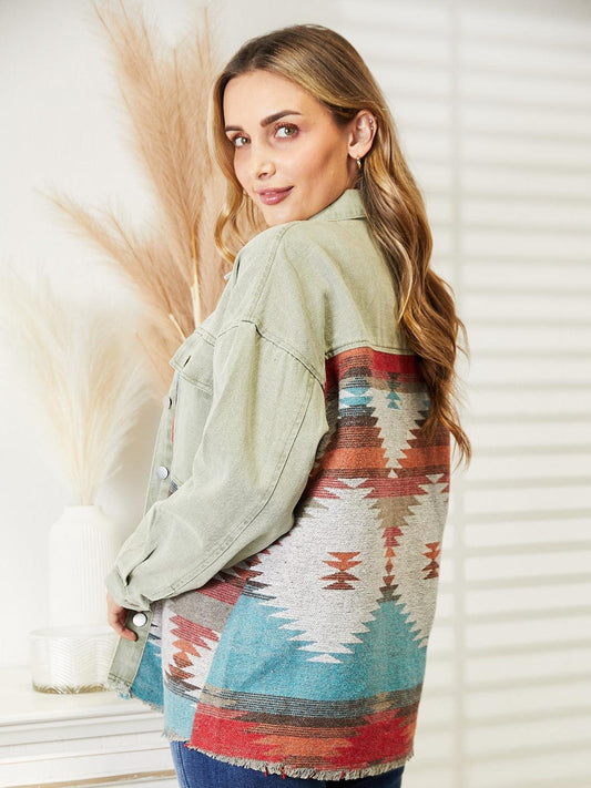 Dropped Shoulder Long Sleeve Printed Denim Jacket Carauana Store