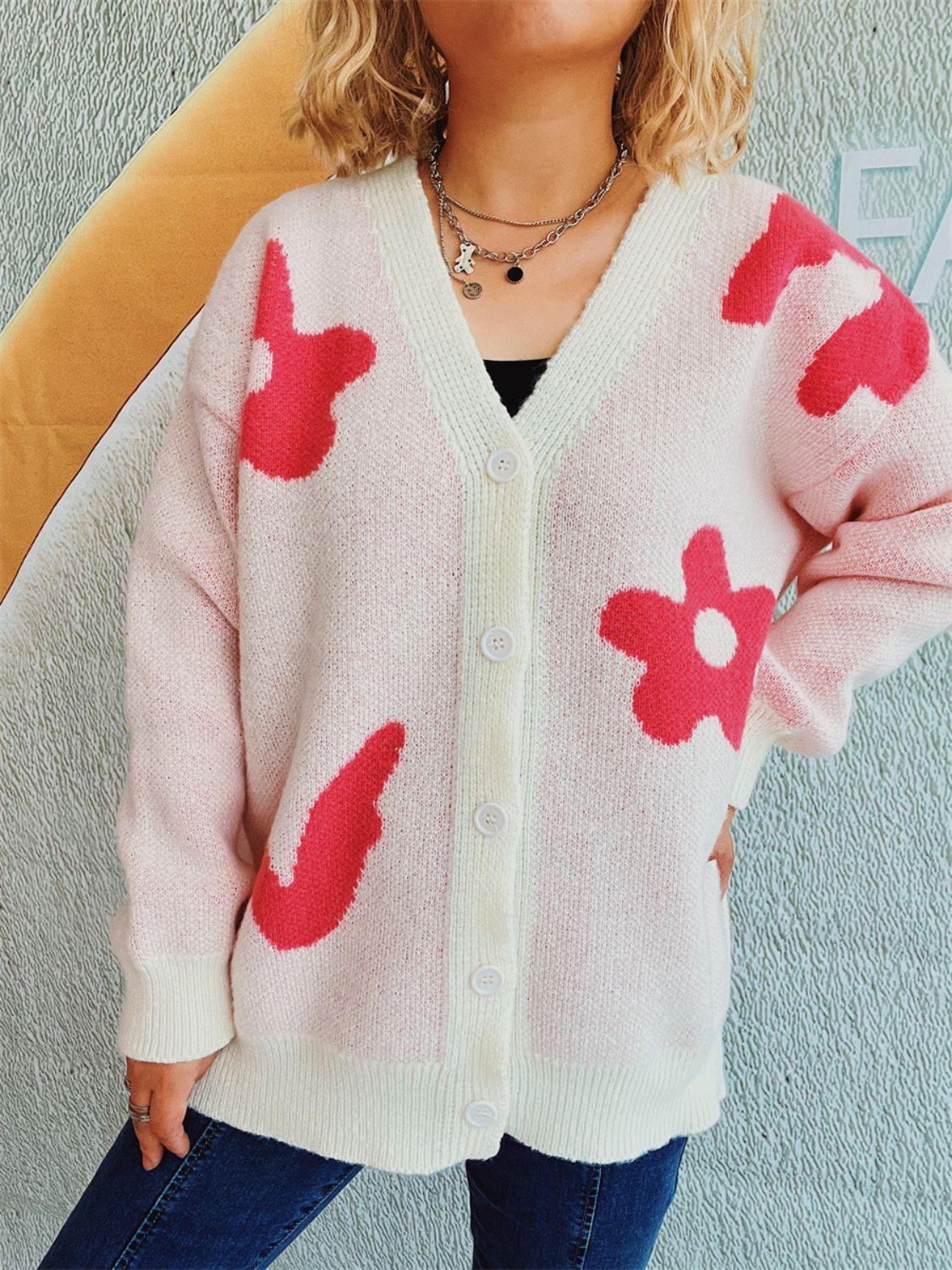 Flower Button Down V-Neck Long Sleeve Cardigan