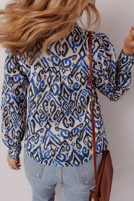 Blue Bohemian Print Embroidered V Neckline Detail Long Sleeve Shirt