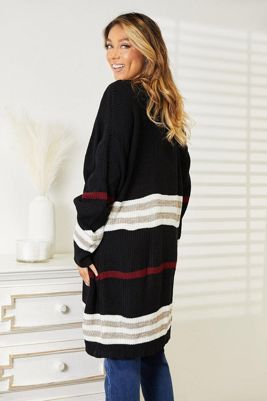 Perfee Striped Rib-Knit Drop Shoulder Open Front Cardigan Carauana Store