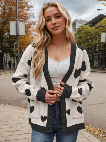 Heart Button Up Dropped Shoulder Long Sleeve Cardigan