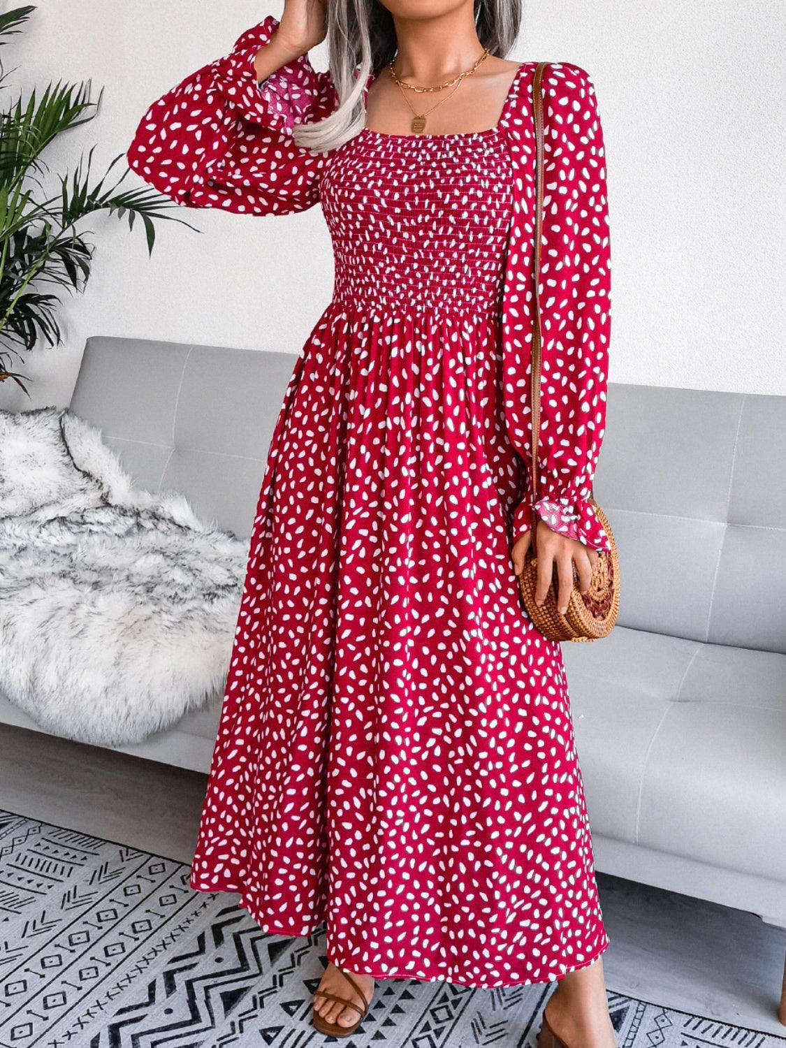 Smocked Square Neck Flounce Sleeve Dress