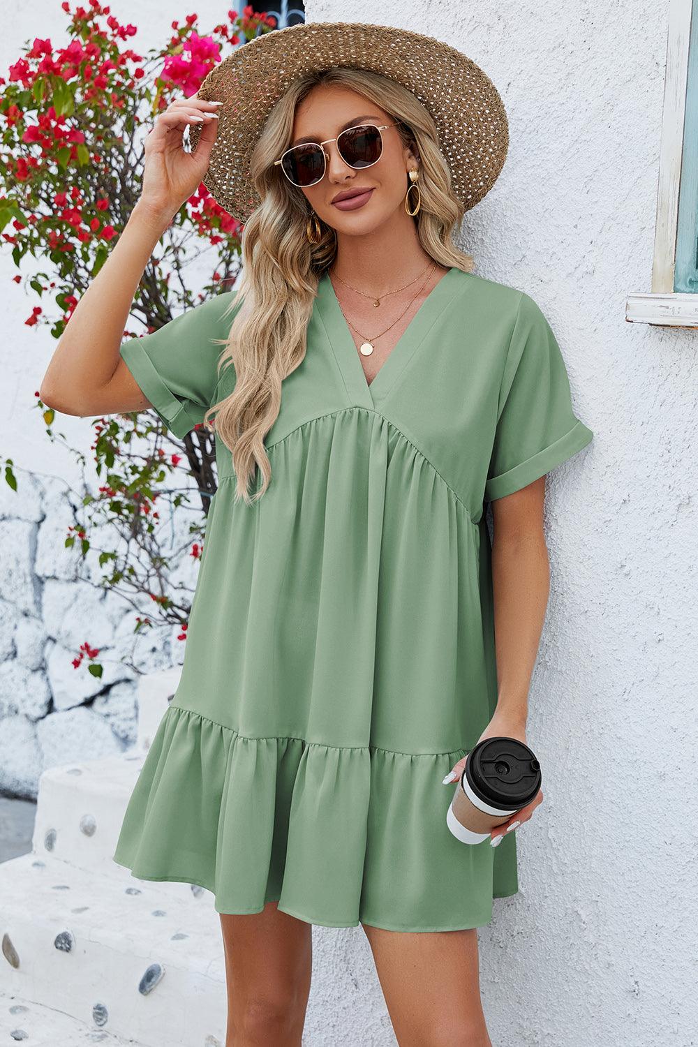 Ruched Tiered V-Neck Short Sleeve Mini Dress