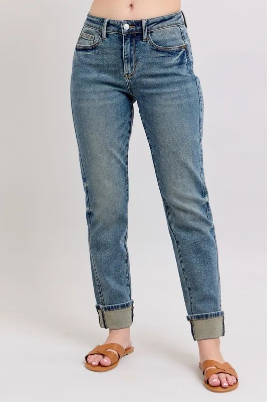 Judy Blue Full Size Mid Rise Vintage Wash Double Roll Cuff Boyfriend Jeans Plus Size Carauana Store
