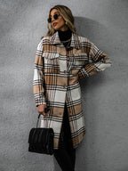 Plaid Collared Neck Long Sleeve Coat Carauana Store