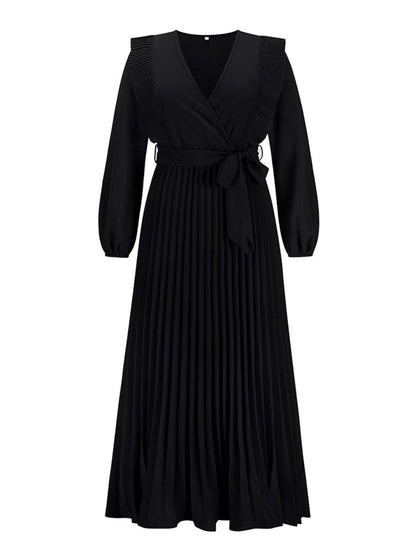 Pleated Surplice Tie Waist Maxi Dress