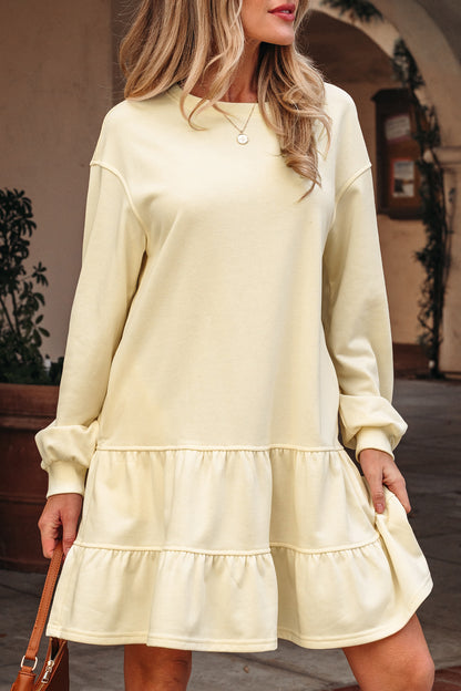 Beige Double Tiered Ruffle Hem Long Sleeve Loose Mini Dress