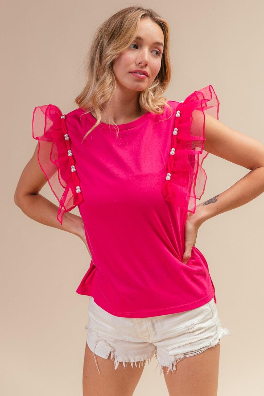 BiBi Pearl Decor Mesh Ruffle Sleeve Top