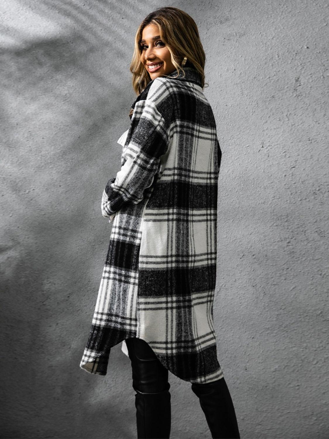 Plaid Collared Neck Long Sleeve Coat Carauana Store