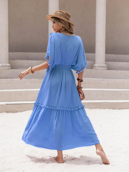 Tassel Trim Smocked V-Neck Short Sleeve Dress