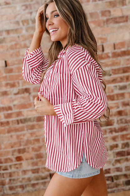 Red Stripe Patched Pocket Side Slit Loose Shirt CaRaUaNa Fashion