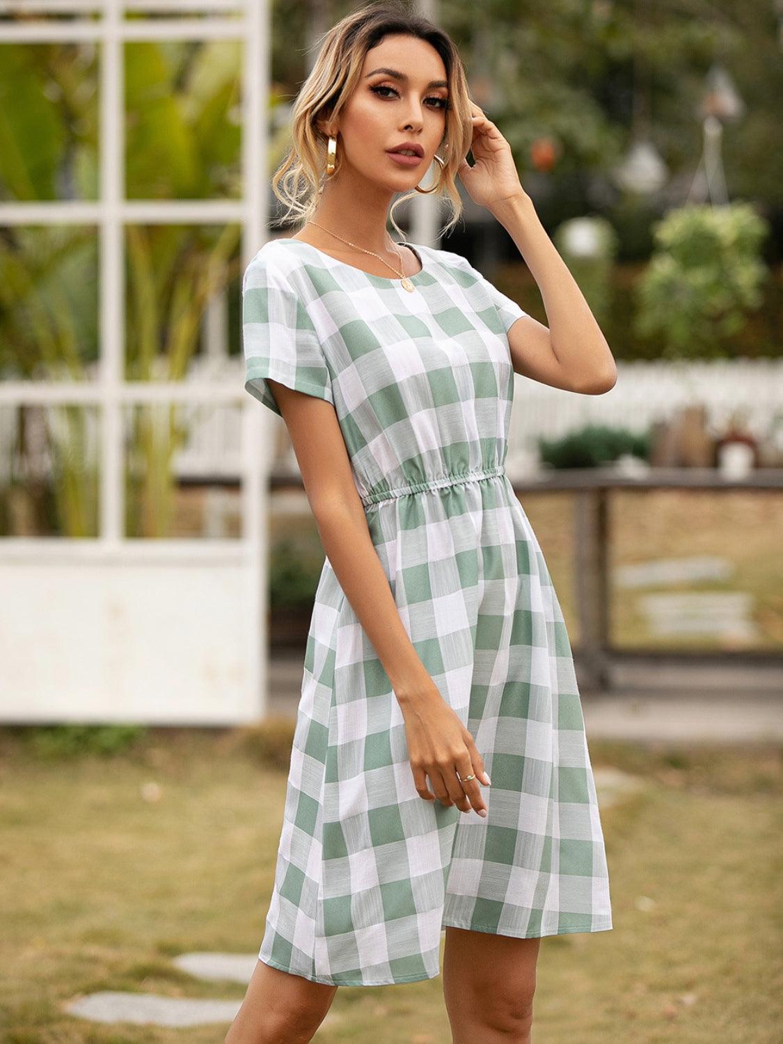 Smocked Plaid Round Neck Short Sleeve Dress