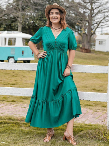 Plus Size V-Neck Short Sleeve Ruffle Hem Dress