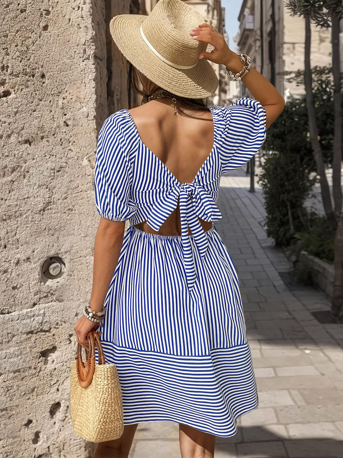 Smocked Striped Balloon Sleeve Mini Dress