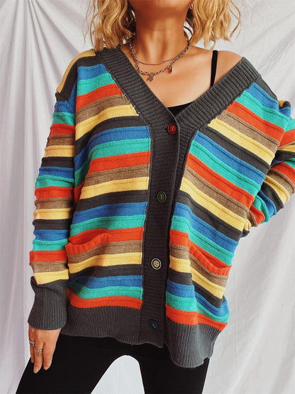 Contrast Stripes Button Up Long Sleeve Cardigan