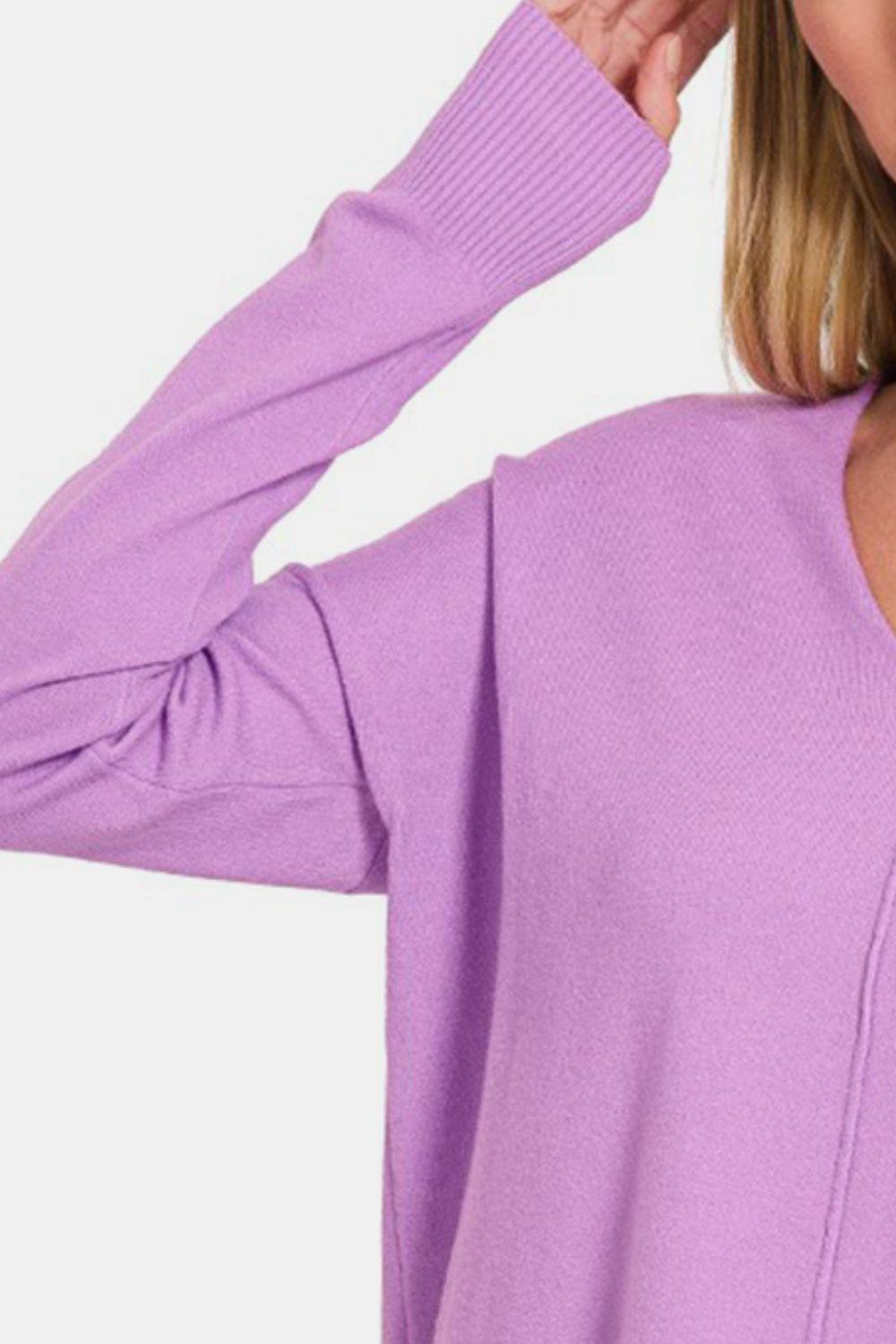 Zenana Slit V-Neck Dropped Shoulder Sweater